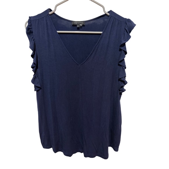 1.STATE Tops - 1.STATE Womens Navy Blue Ruffle Sleeve V-Neck Knit Top Blouse Small
